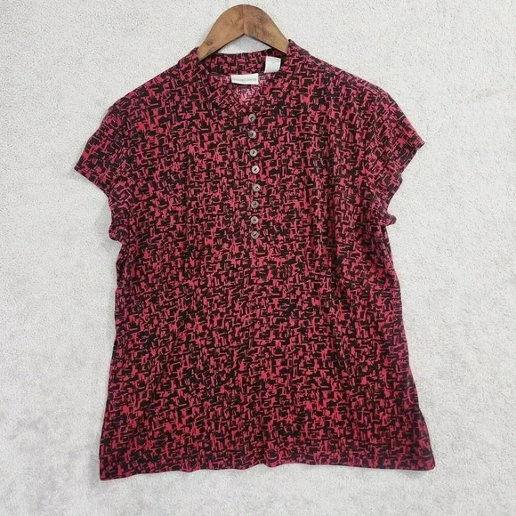 Chico's Womens Printed Button-Up Short Sleeve Top 2/L Mock neck 18PT - Picture 1 of 7